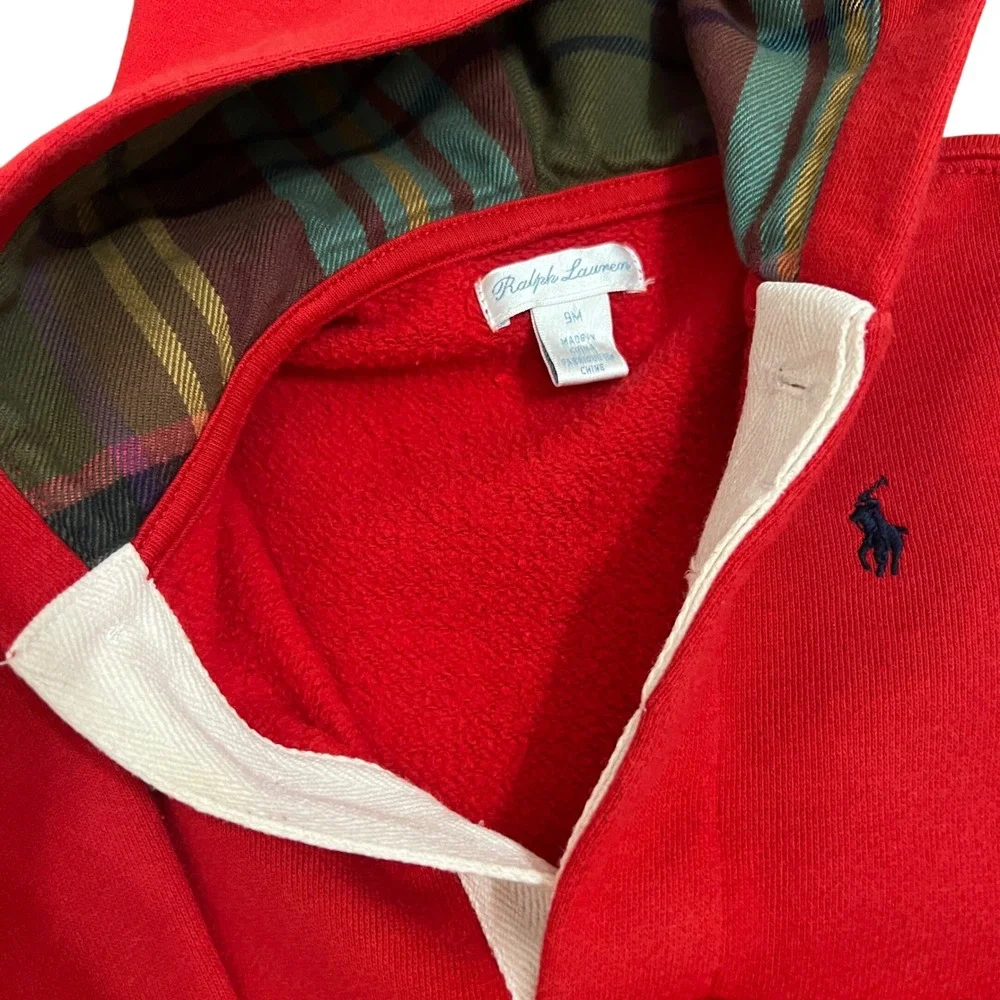 Ralph Lauren Baby Red Plaid Lined‎ Hoodie Romper Onesie 9M